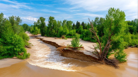 This captivating image captures the dynamic erosion process along a riverbank, showcasing the powerful interaction between water and landscape surrounded by lush trees.の素材