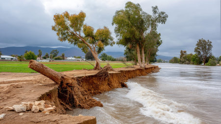 This image showcases the effects of erosion on a riverbank, with exposed tree roots and turbulent water under a gray sky, depicting the beauty and challenges of nature's forces.の素材