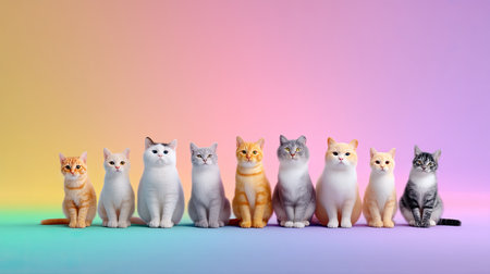 A delightful assortment of cats arranged in a row, showcasing their unique personalities against a soft pastel gradient background. Ideal for cat lovers.の素材