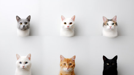This image features six unique cats, each displaying their distinct colors and personalities. Ideal for animal lovers, pet shops, or anyone seeking feline charm.の素材