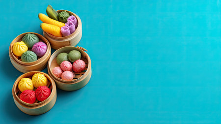 A captivating assortment of colorful dumplings and desserts presented in bamboo steamers, perfect for showcasing Asian cuisine and culinary creativity against a teal background.の素材