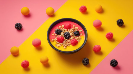A colorful smoothie bowl garnished with fresh berries and granola on a vibrant background. Ideal for promoting healthy eating and appetizing recipes.の素材