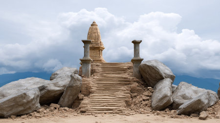 Explore the enchanting remnants of an ancient temple surrounded by massive rocks, set against a stunning sky that evokes a sense of mystery and adventure.の素材