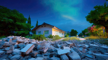 A tranquil night landscape featuring a suburban house surrounded by rubble and debris, under a starry sky, evoking a sense of recovery and resilience after disaster.の素材