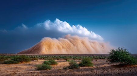 A stunning view of a sand dune formation enveloped in a dust storm, juxtaposed against a dramatic sky and sparse desert vegetation, capturing nature's raw beauty.の素材