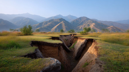 Explore an awe-inspiring landscape featuring majestic mountain ranges with deep cracks in the earth, bathed in soft morning light amidst lush green grass.の素材