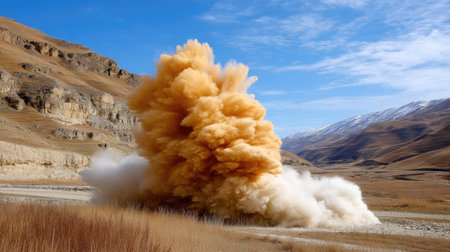 A striking image capturing the moment of an explosion in a mountainous landscape, with clouds of dust and smoke rising against a backdrop of hills and blue sky.の素材
