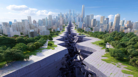 A striking urban scene showcasing a deep split in the ground, flanked by lush greenery and a stunning city skyline under bright blue skies.の素材
