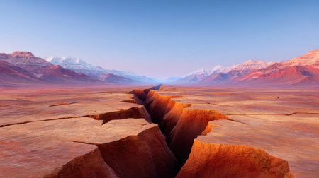 This stunning image captures a cracked desert landscape at dawn, showcasing the intricate geology and vastness, with majestic mountains under a clear blue sky.の素材
