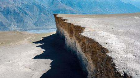 A breathtaking view of a majestic cliff edge that showcases a dramatic landscape beneath a clear blue sky, where shadows and textures create a serene atmosphere.の素材