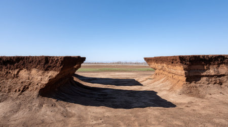 Captivating scene showcasing dramatic cliff edges formed by natural erosion, casting shadows under a brilliant blue sky in a serene, open landscape.の素材