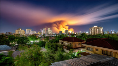 A breathtaking night view of a vibrant urban skyline showcasing illuminated buildings under striking clouds, all set against lush greenery and residential homes.の素材