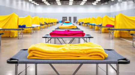 This image features a well-organized indoor shelter with colorful blankets laid neatly on cots, creating a bright and inviting atmosphere for individuals seeking comfort.の素材