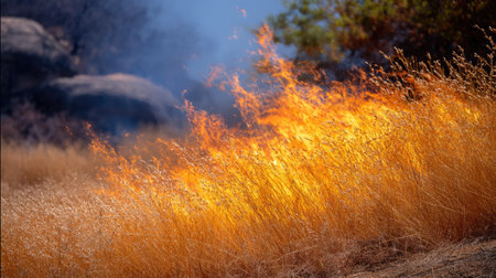 A dramatic scene showcasing vibrant flames rising from dry grass, illustrating the destructive power of wildfires and the urgent need for environmental awareness.の素材