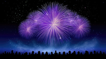 A mesmerizing scene featuring vibrant purple fireworks lighting up the night sky, with a captivated crowd of silhouetted figures enjoying the spectacular display.の素材