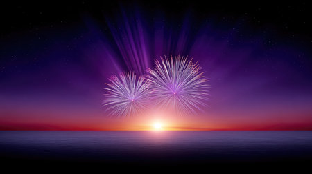 Experience a breathtaking scene where vibrant fireworks light up the dusky sky above a tranquil ocean, creating a magical ambiance at sunset.の素材