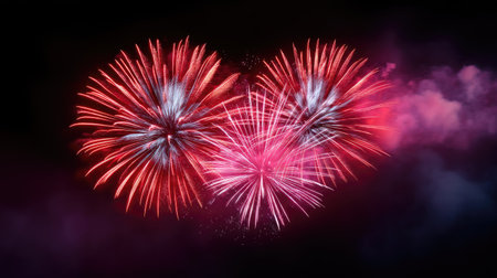 A stunning display of vibrant pink and red fireworks bursting in a unique heart shape against a dark night sky, symbolizing love and celebration in a festive atmosphere.の素材