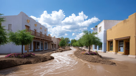 Beautiful urban scene showcasing a flowing waterway between historic buildings under a clear blue sky, dotted with fluffy clouds and surrounded by vibrant greenery.の素材