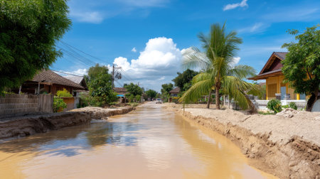 Scene depicts a flooded street after heavy rainfall, surrounded by houses and palm trees, showcasing the impact of weather conditions on the community.の素材