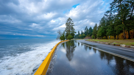 Capture the serene beauty of a coastal road reflecting colorful skies and lush greenery. Perfect for nature lovers and travel enthusiasts seeking tranquility.の素材