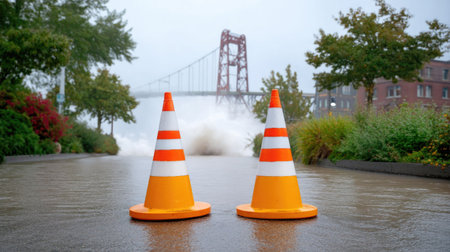 A serene yet impactful scene shows traffic cones marking a flooded street with a bridge in the background, highlighting urban flooding and the importance of public safety measures.の素材