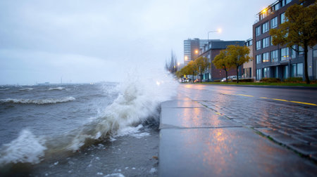 A powerful ocean wave crashes against a sidewalk in an urban setting, captured under overcast skies. The scene evokes a sense of drama and tranquility against a modern backdrop.の素材