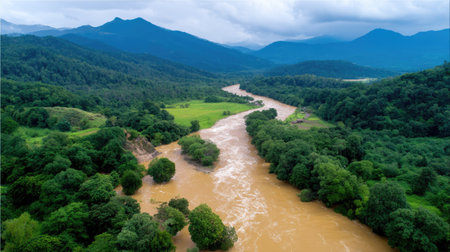 This stunning aerial view captures the beauty of a river winding through lush forests and rolling hills, creating a perfect blend of nature and tranquility in a remote area.の素材