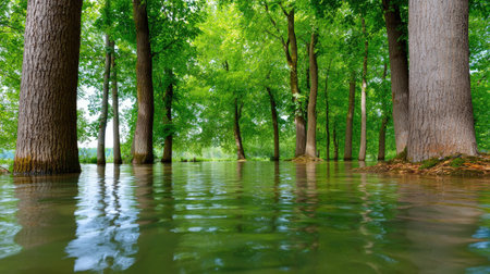 Experience the beauty of a serene forest with lush green trees reflecting in calm waters under a bright blue sky, creating a peaceful outdoor environment.の素材