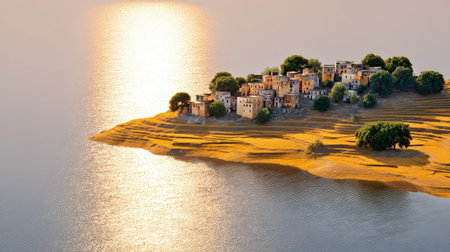 A beautiful island village reflects the golden sunset over a serene lake. The scene captures nature's tranquility, showcasing the peaceful coexistence of water and land.の素材