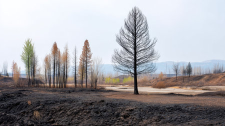 A striking image depicting the aftermath of a wildfire, showcasing burnt trees against a backdrop of new green growth and a stark, charred landscape.の素材