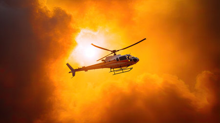 A vivid image of a helicopter flying in a dramatic sunset sky filled with orange and yellow hues, contrasting with dark clouds, evoking adventure and exploration.の素材