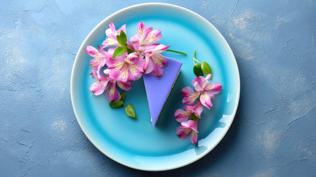 A stunning piece of lavender cake is elegantly displayed on a blue plate, adorned with delicate pink flowers, creating a visually appealing and delightful dessert scene.の素材