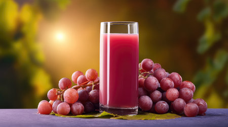 A vibrant glass filled with fresh grape juice sits atop a table, accompanied by luscious grapes. The warm sunlight and blurred greenery create a serene, inviting atmosphere.の素材