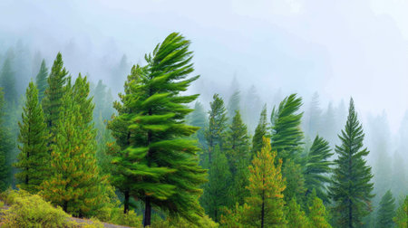 A stunning view of tall green trees swaying in strong winds, set against a backdrop of misty mountains, capturing the essence of natureの素材