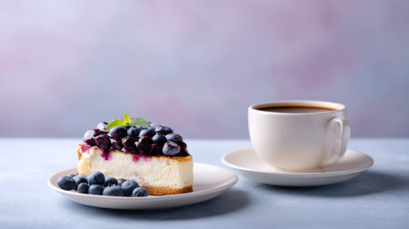 A delightful cheesecake adorned with luscious blueberries served on a white plate alongside a steaming cup of coffee, captured on a soft pastel backdrop.の素材