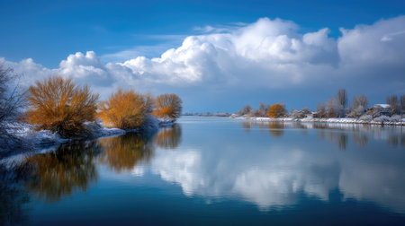 A breathtaking winter landscape showcases a calm river surrounded by snow-dusted trees. Fluffy clouds reflect beautifully on the tranquil water, creating a serene scene.の素材