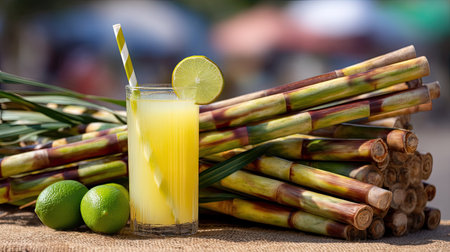A vibrant glass of sugarcane juice garnished with a lime slice sits beside fresh sugarcane stalks and limes, capturing the essence of tropical refreshment and health.の素材