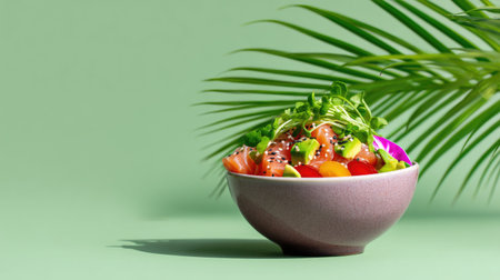 A vibrant salad bowl filled with fresh greens and colorful fruits, set against a light green backdrop with tropical palm leaves, embodying healthy eating and freshness.の素材