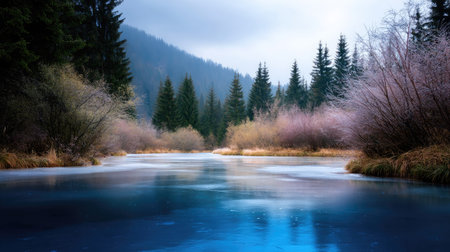 A breathtaking winter landscape featuring a calm river surrounded by frosty trees and lush evergreen forests under a moody, cloudy sky.の素材