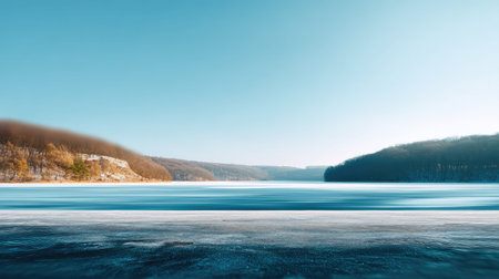 A serene winter landscape showcasing a frozen lake under a clear blue sky. The tranquil scene captures distant hills and a peaceful wilderness, perfect for nature lovers.の素材