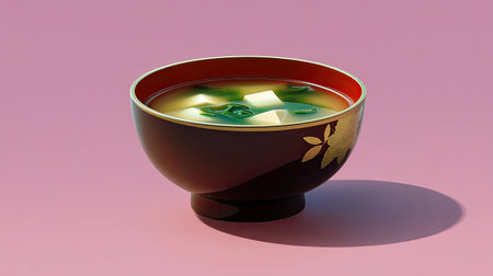 A beautifully presented traditional Japanese soup bowl filled with tofu and fresh green vegetables, set against a soft pink background, perfect for culinary inspirations.の素材