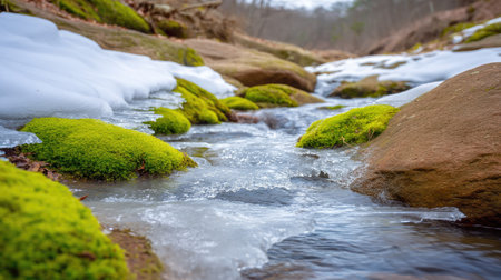 Discover the captivating beauty of a tranquil stream adorned with ice and vibrant moss, set in a serene winter landscape, showcasing the wonders of nature.の素材