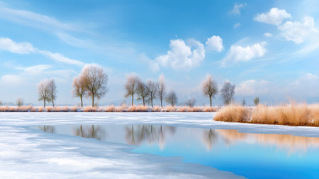 A serene winter landscape featuring frosty trees and a tranquil body of water reflecting a bright blue sky with soft clouds. Perfect for nature-themed projects.の素材