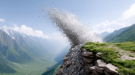 A spectacular rockslide cascades down a rugged mountain slope, showcasing the raw power of nature against a backdrop of towering peaks and fresh greenery.の素材