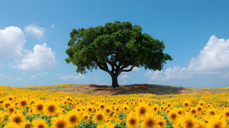 A stunning single tree stands on a hill surrounded by a field of bright sunflowers under a clear blue sky, creating a serene and picturesque landscape perfect for nature lovers.の素材