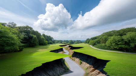 A stunning landscape featuring deep chasms cutting through lush green grass, framed by trees and a vibrant sky, creating a dramatic outdoor scene. Perfect for nature themes.の素材
