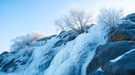 This stunning image features a frozen waterfall cascading over dark rocks, surrounded by frosted trees, under a clear blue sky, capturing the serene beauty of winter.の素材