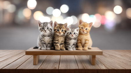 This heartwarming image features four adorable kittens sitting closely on a wooden bench. The colorful bokeh background adds a cozy touch, making it perfect for pet lovers.の素材