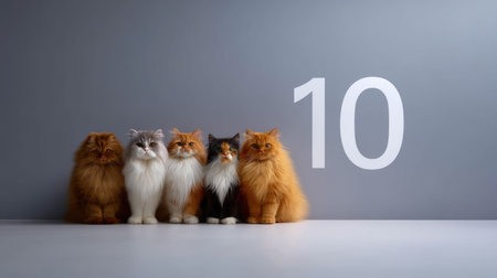A charming scene featuring five fluffy cats of different breeds against a gray background, highlighting friendship and playful spirit with the number ten.の素材