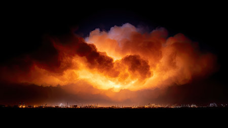 A stunning view of a fiery explosion lighting up the night sky, featuring a thick smoke cloud over an industrial landscape with distant city lights twinkling in the background.の素材
